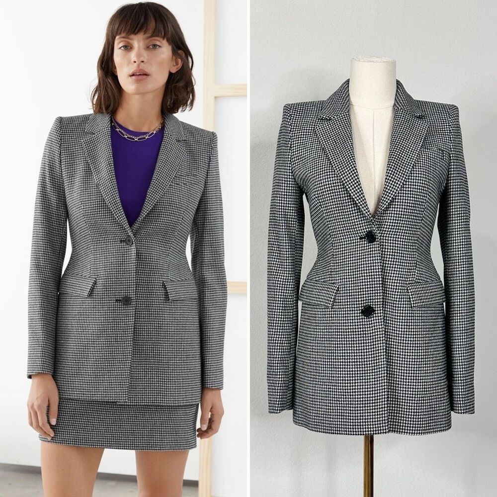 NWT & Other Stories Paris Wool Hourglass Houndstooth Blazer 2 Academia Career